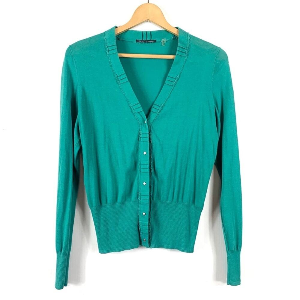 Elie Tahari Turquoise Snap Front Cotton Cardigan Sweater  - Large